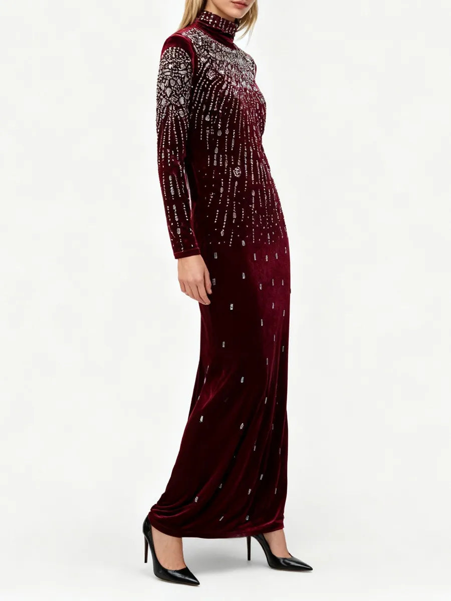 Sequin Beaded High Neck Long Sleeve Maxi Dress