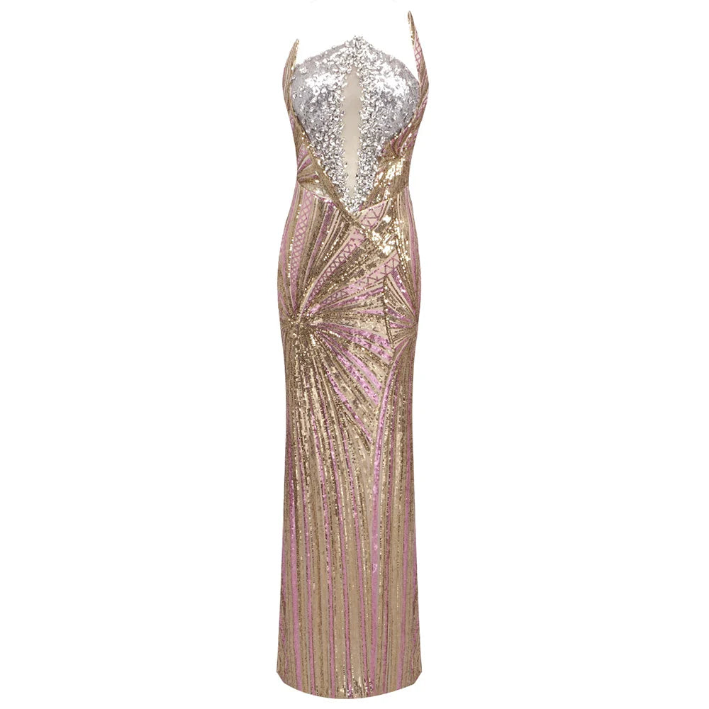Diamond Beaded Strapless Gown | Geometric Gold Evening Elegance