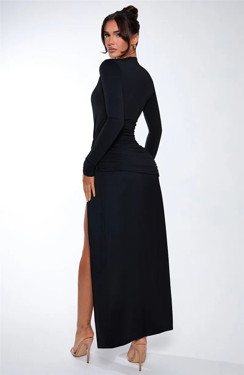 Black Deep V Neck Long Sleeve Maxi Dress