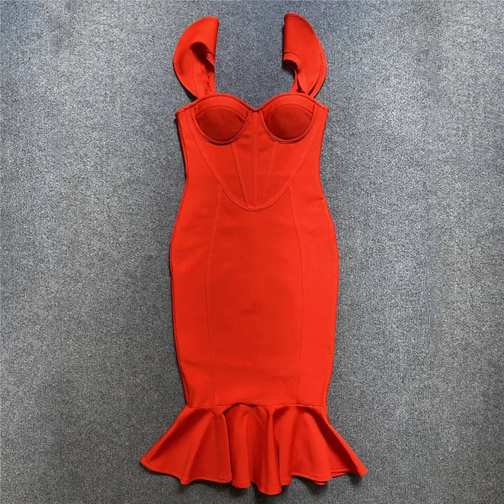 Red Bandage Trumpet Dress - Ruffles Sleeveless Club & Party Wear