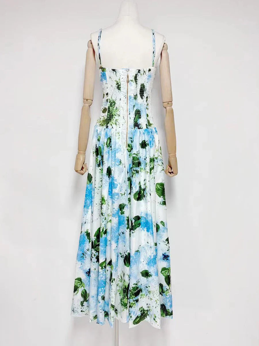 Printed Ruched Strapless Puff Hem Maxi Dress