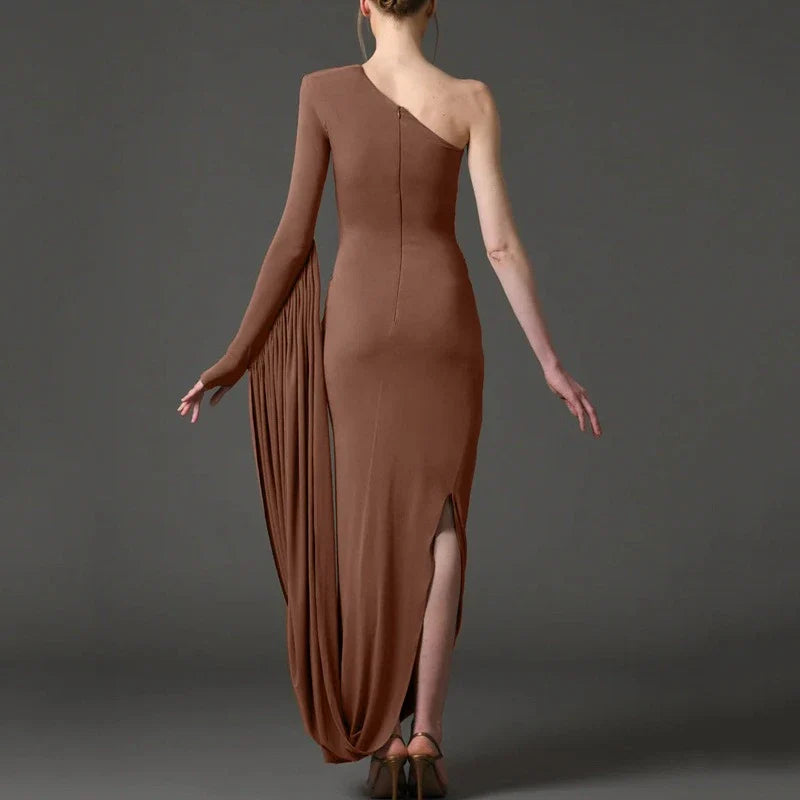 Brown One Shoulder Drape Folds Maxi Dress