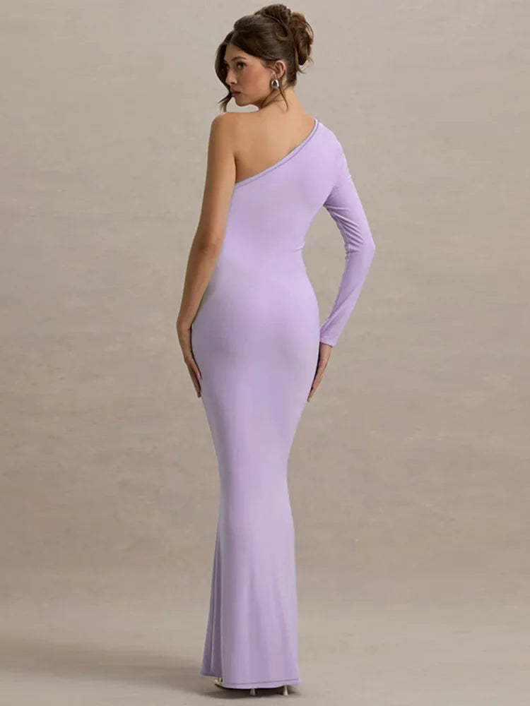 Long Sleeve One-Shoulder Tie Up Drape Maxi Dress