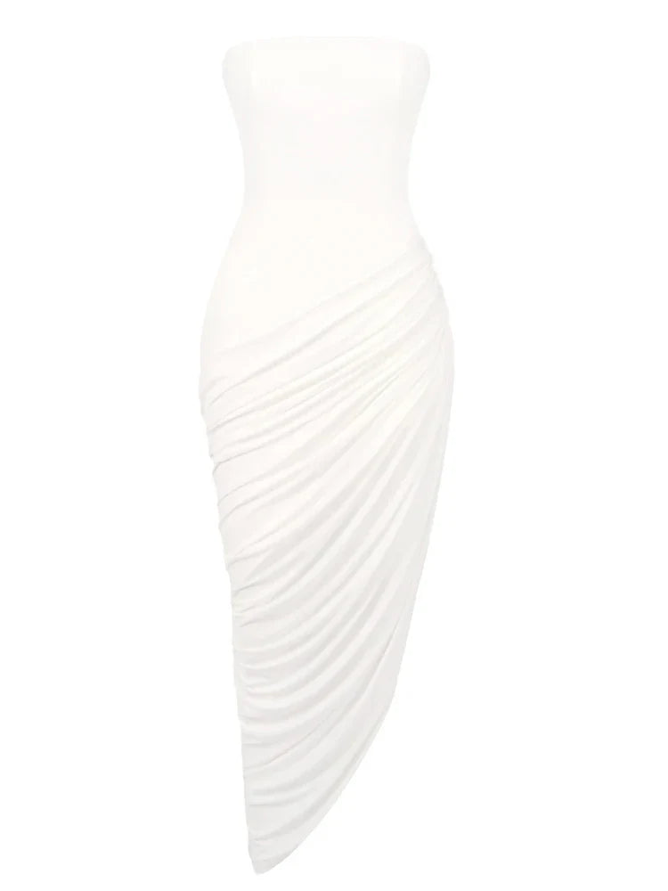 White Strapless Draped Maxi Dress with High Slit