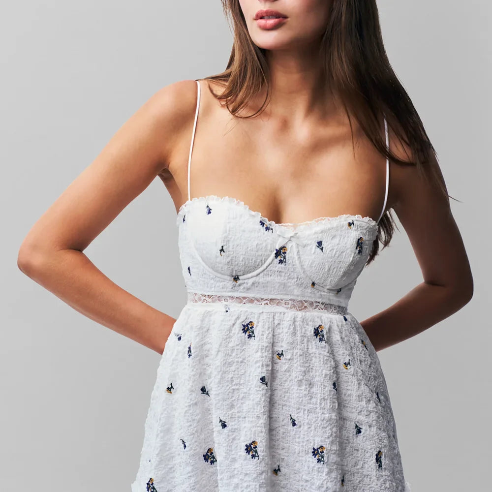 White Lace Mini Dress with Black Floral Embroidery