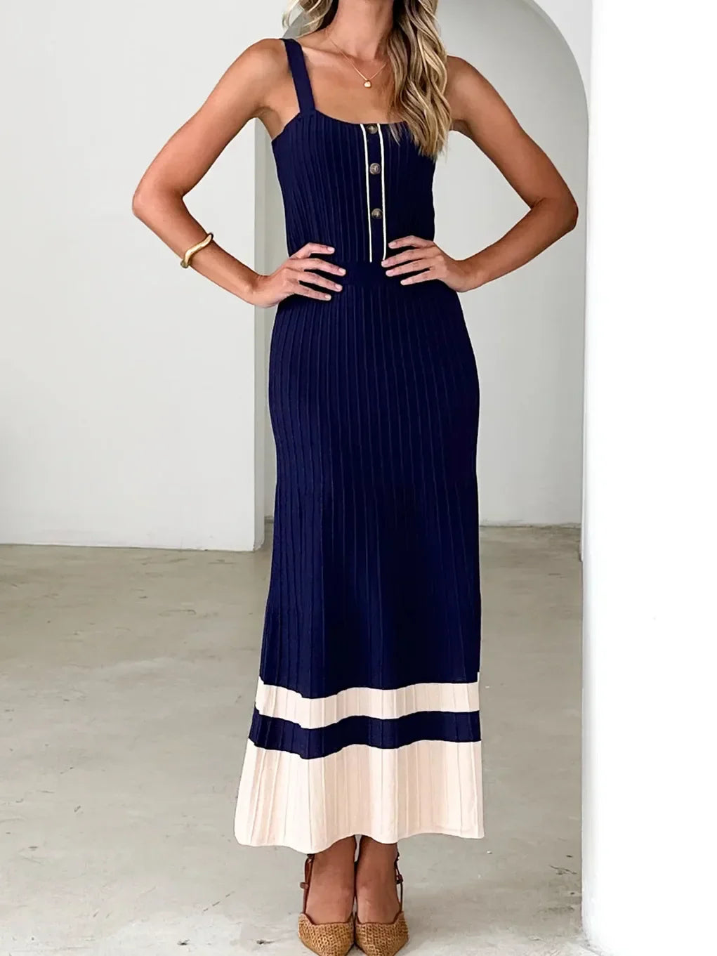 Navy Contrast Patchwork Knitted Pleated Dress | Sleeveless Metal Button