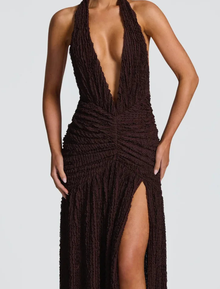 Textured Pleated Deep Halter Neck Maxi Dress