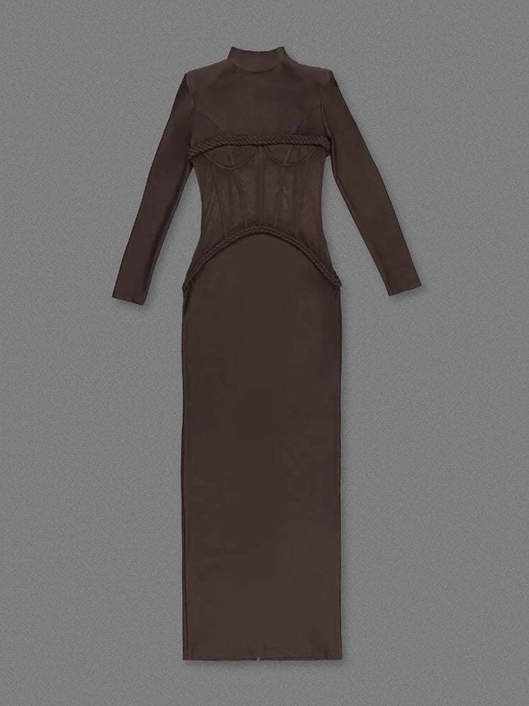 Sheer Mesh Turtleneck Maxi Dress | Hollow Out Bodycon Gown