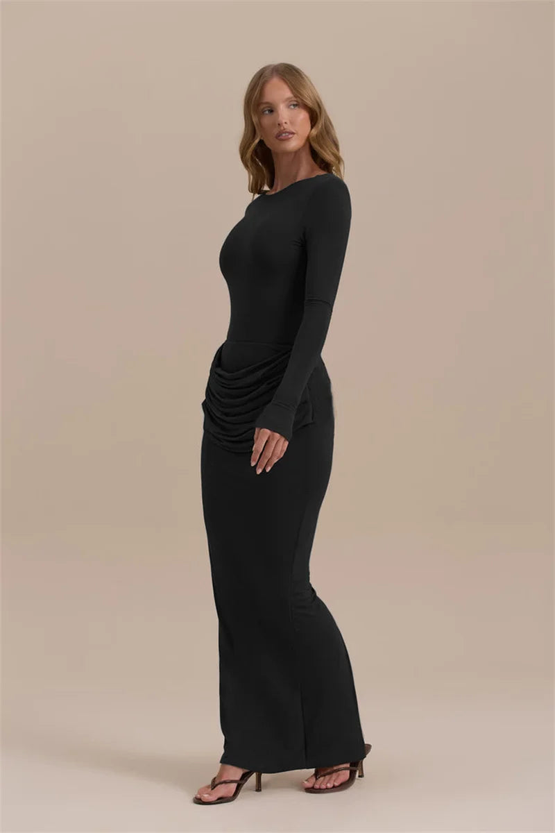 Long Ruched Grey Gown | Sleek Stretch Floor-Length Dress