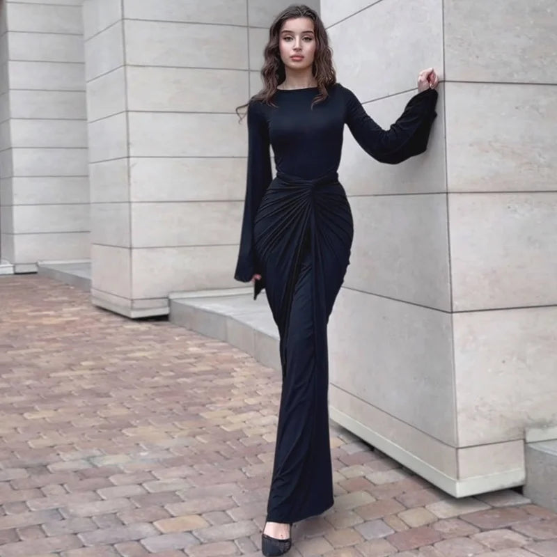 Ruched Long-Sleeve Maxi Dress
