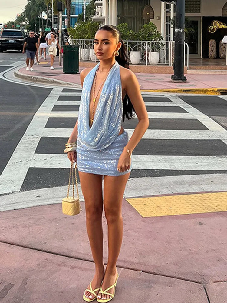 Icy Blue Night – Sequin Halter Mini Dress for After-Dark Glam