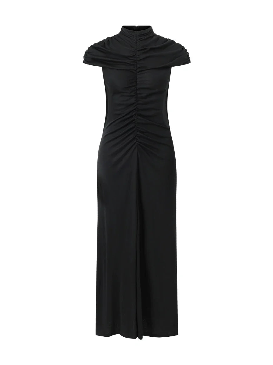 Stand Neck Short Sleeve Pleated Maxi Dress