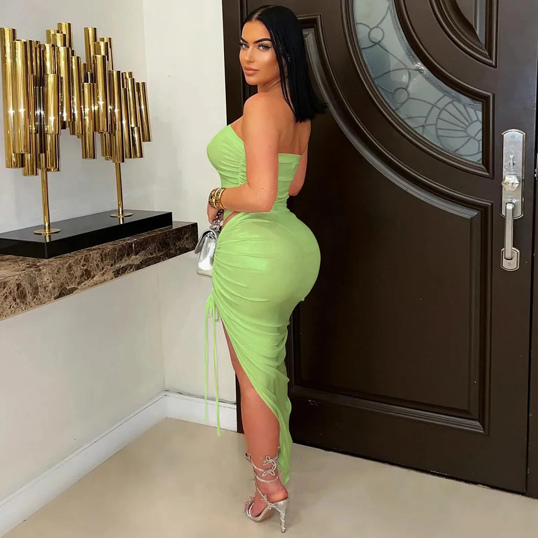 Metallic 2-Piece Set | Strapless Tube Bodysuit & Drawstring Skirt (Green, Silver, White, Black)