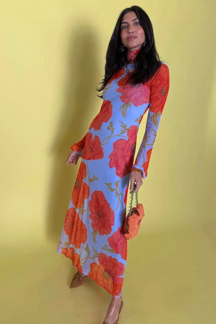 Poppy Floral Long-Sleeve Maxi Dress, Blue, Red
