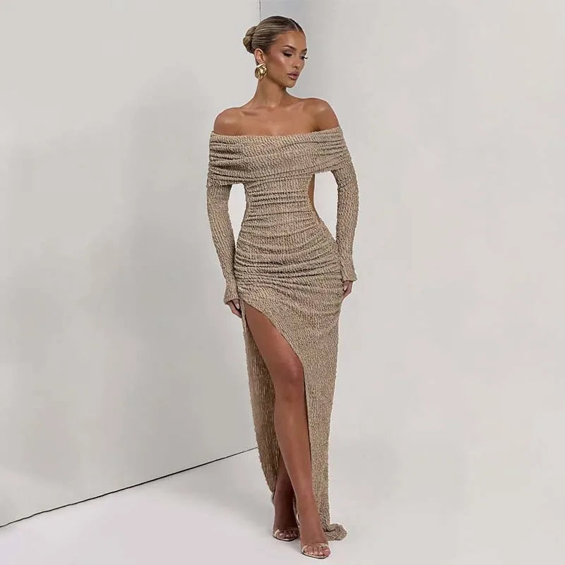Off Shoulder Long Sleeve Textured Slit Maxi Dress