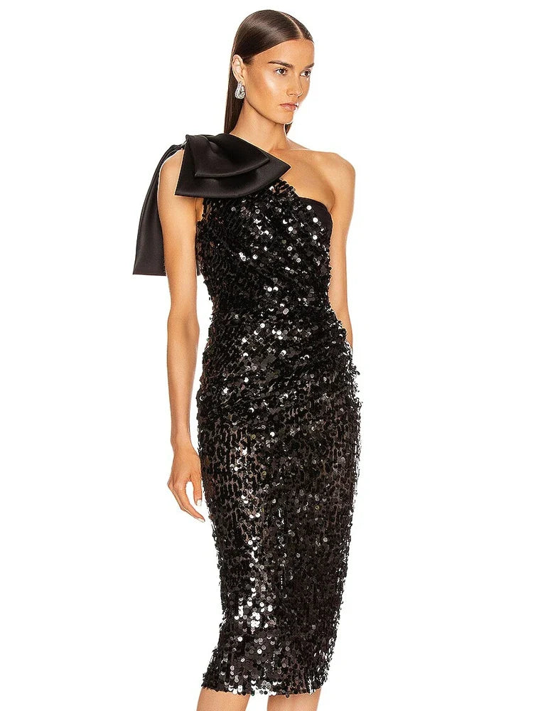 Black One-Shoulder Sequin Midi Dress with Bow Detail