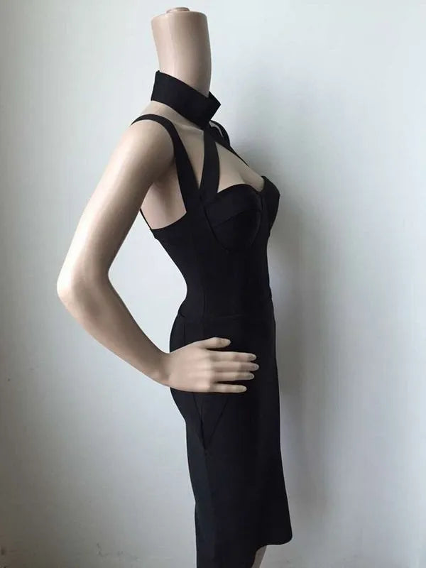 Halter Black Bandage Midi Dress | Sculpting Fit for Special Occasions