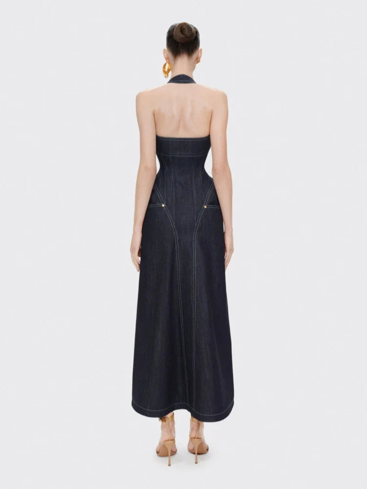 Denim Halter Neck Backless Maxi Dress