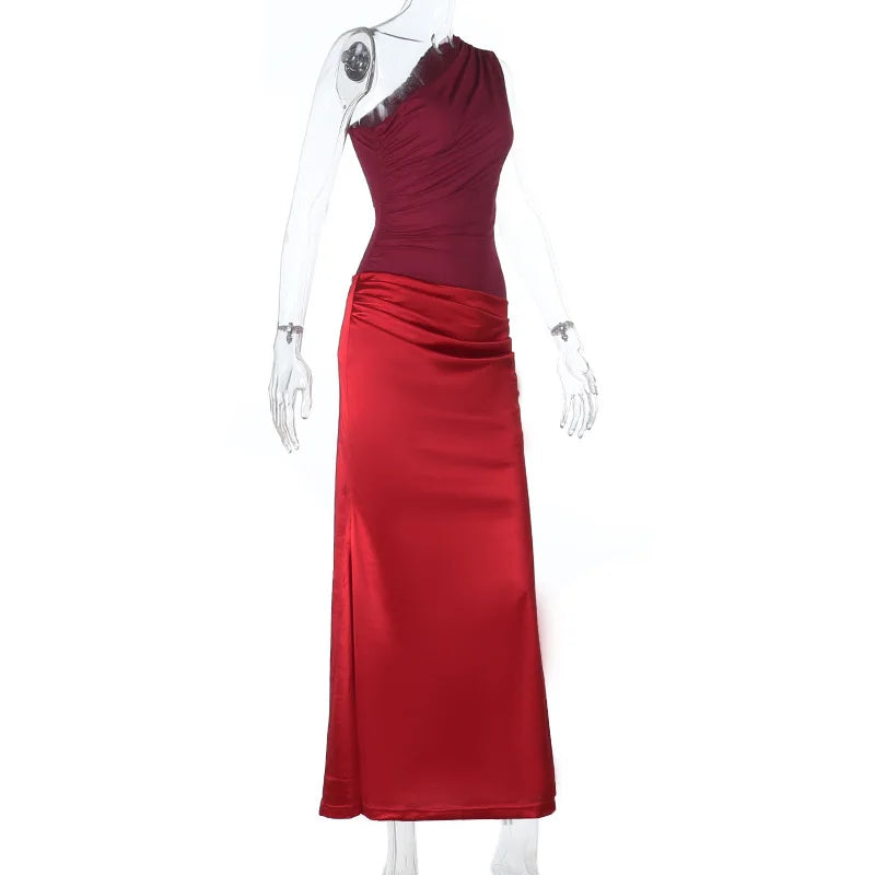 Red One-Shoulder Satin Drape Maxi Dress