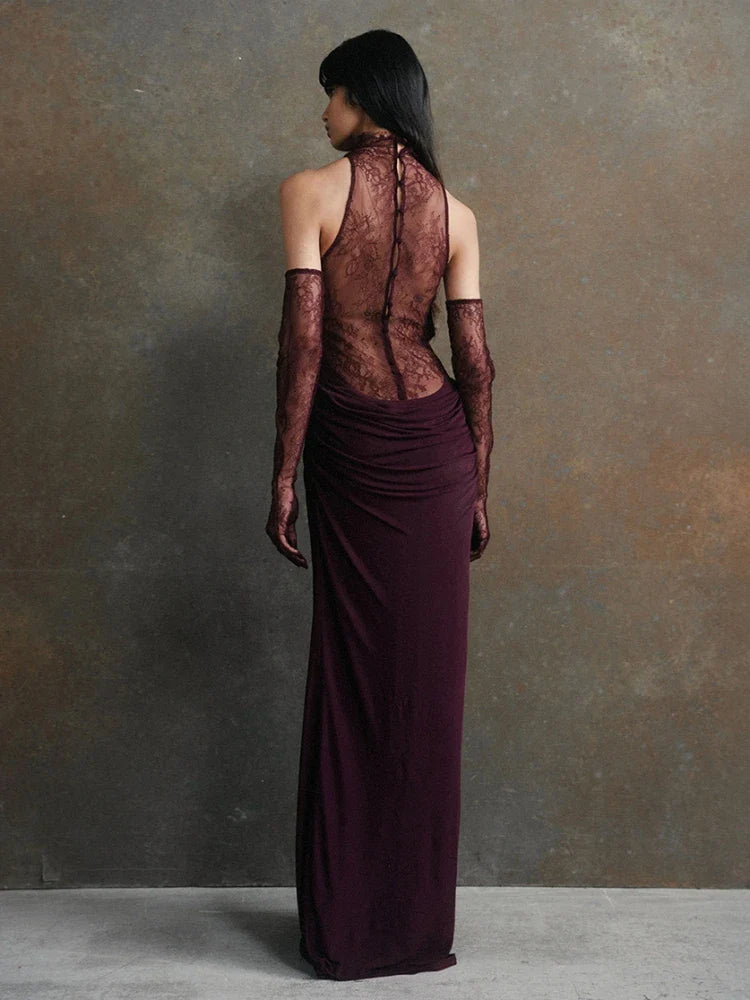Black Lace Patchwork Turtleneck Long Dress with Gloves | Sheer Backless Evening Gown