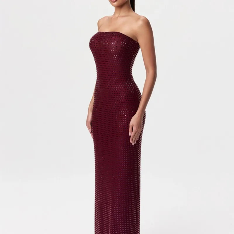 Red Wine Crystal Beaded Strapless Gown – Elegant Backless Evening Maxi Dress