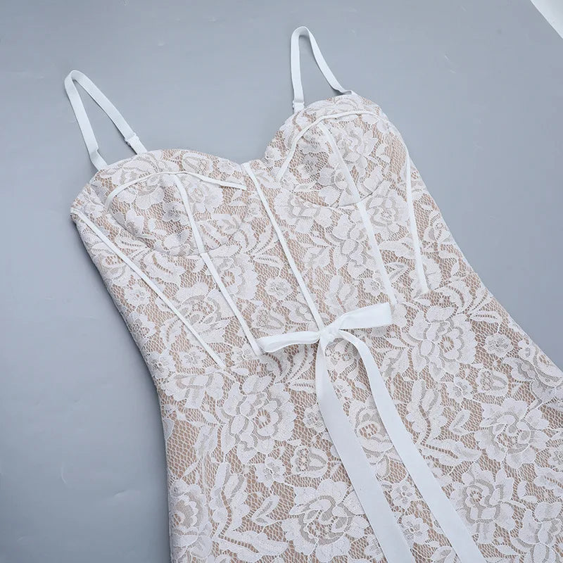 Spaghetti Strap Floral Lace White Maxi Dress