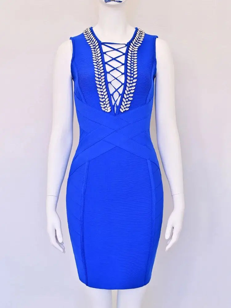 Blue Lace Up Bandage Mini Dress | Crystal Detail Glam Fit