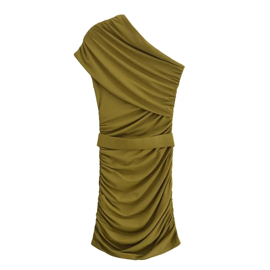 Green Slanted Collar Pleated Mini Dress