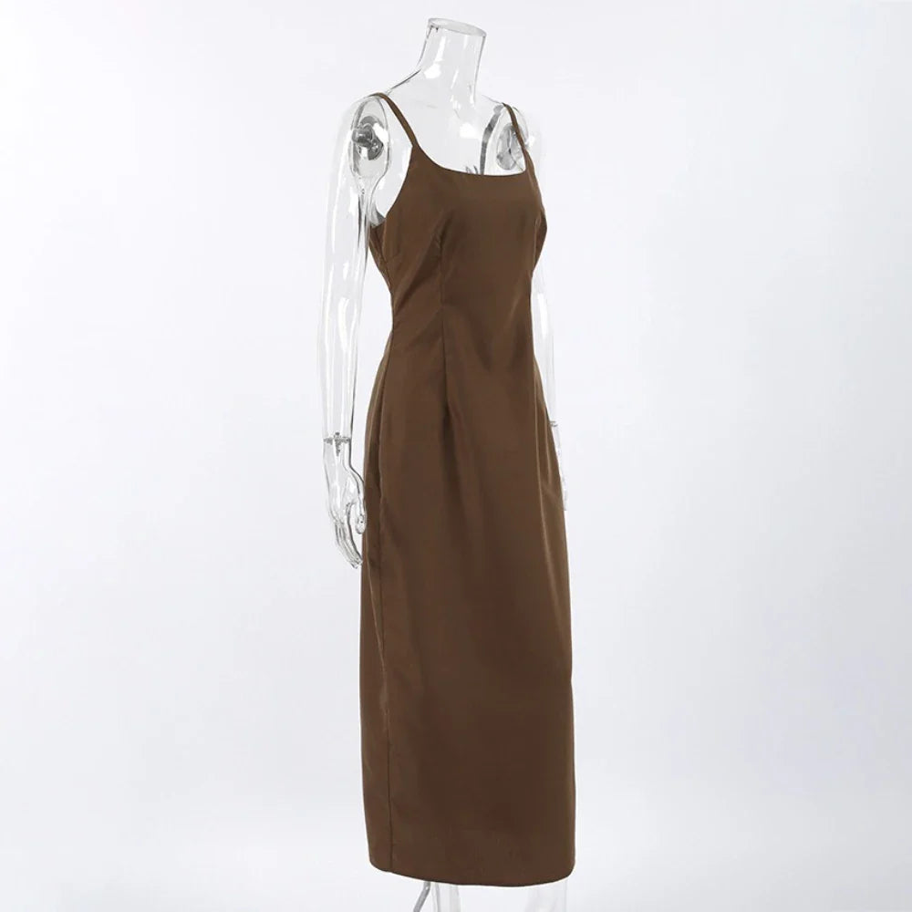 Brown Square Neck Maxi Dress | Vintage Spaghetti Strap Gown