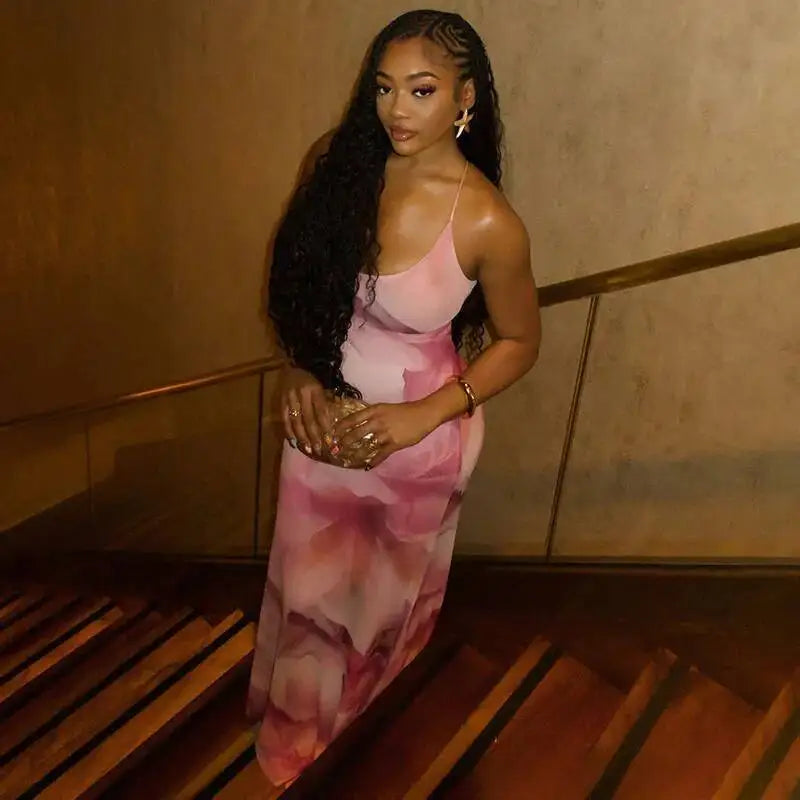 Pink Printed Spaghetti Strap Maxi Dress