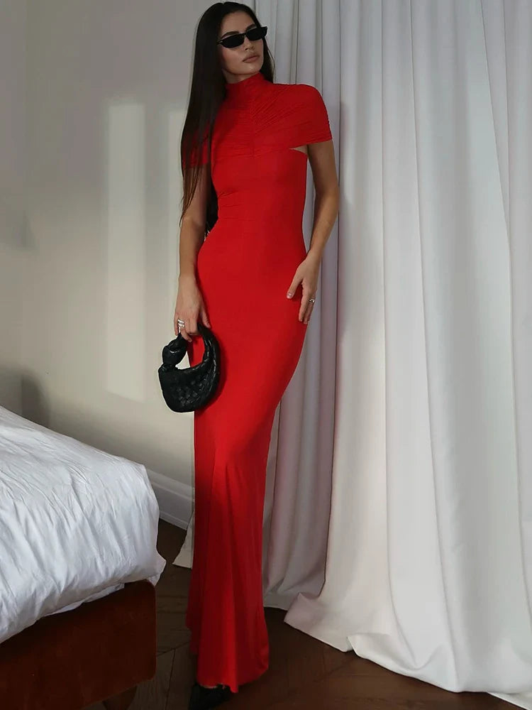 Turtleneck Hollow-Out Ruched Maxi Dress