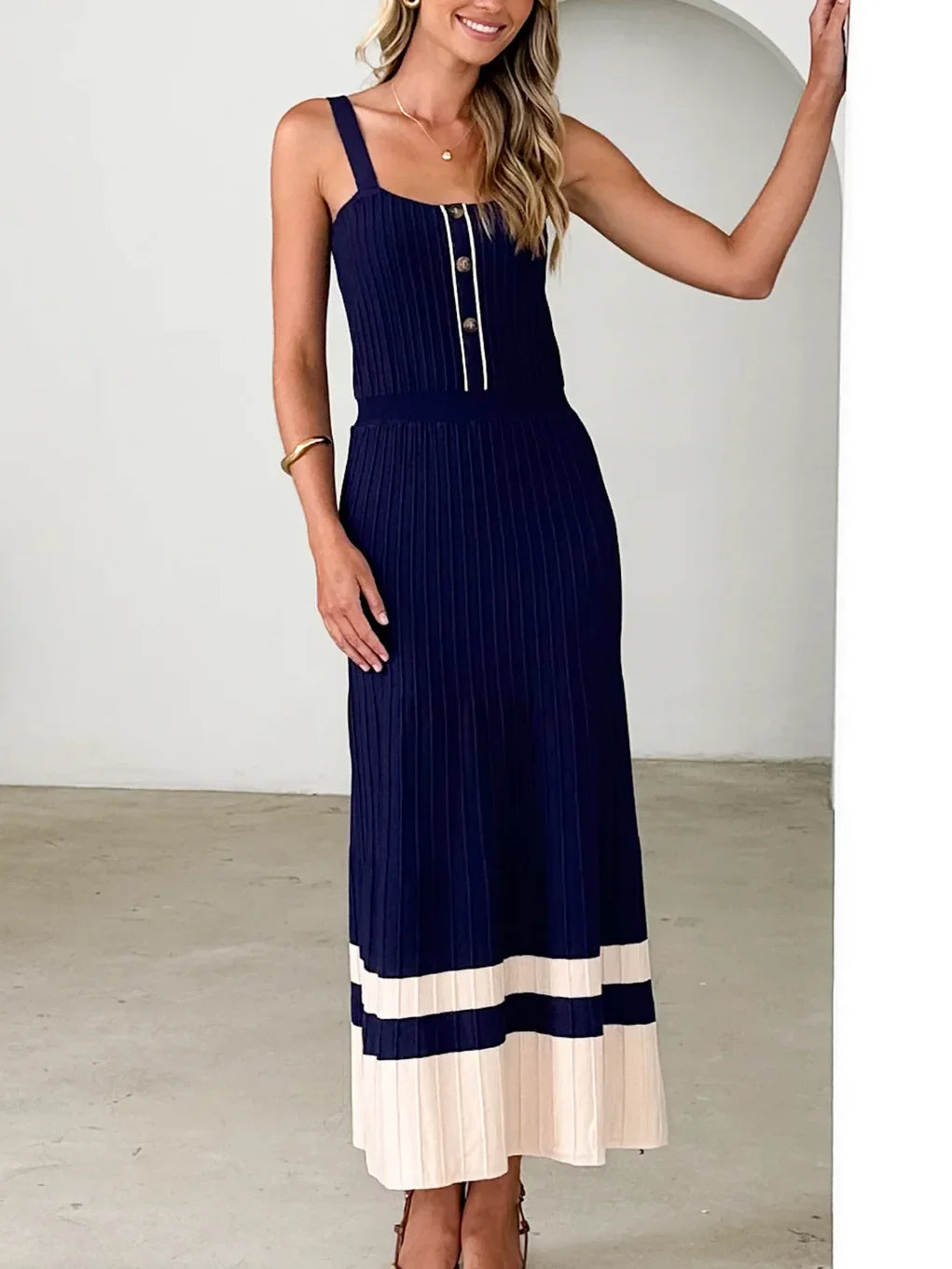 Beige Ribbed Knit Midi Dress | High-Waist Buttoned Summer Style