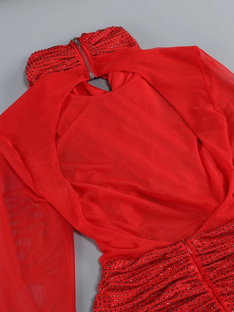 Red Mesh Ruched Rhinestone Gown with Sculpted Column Shape