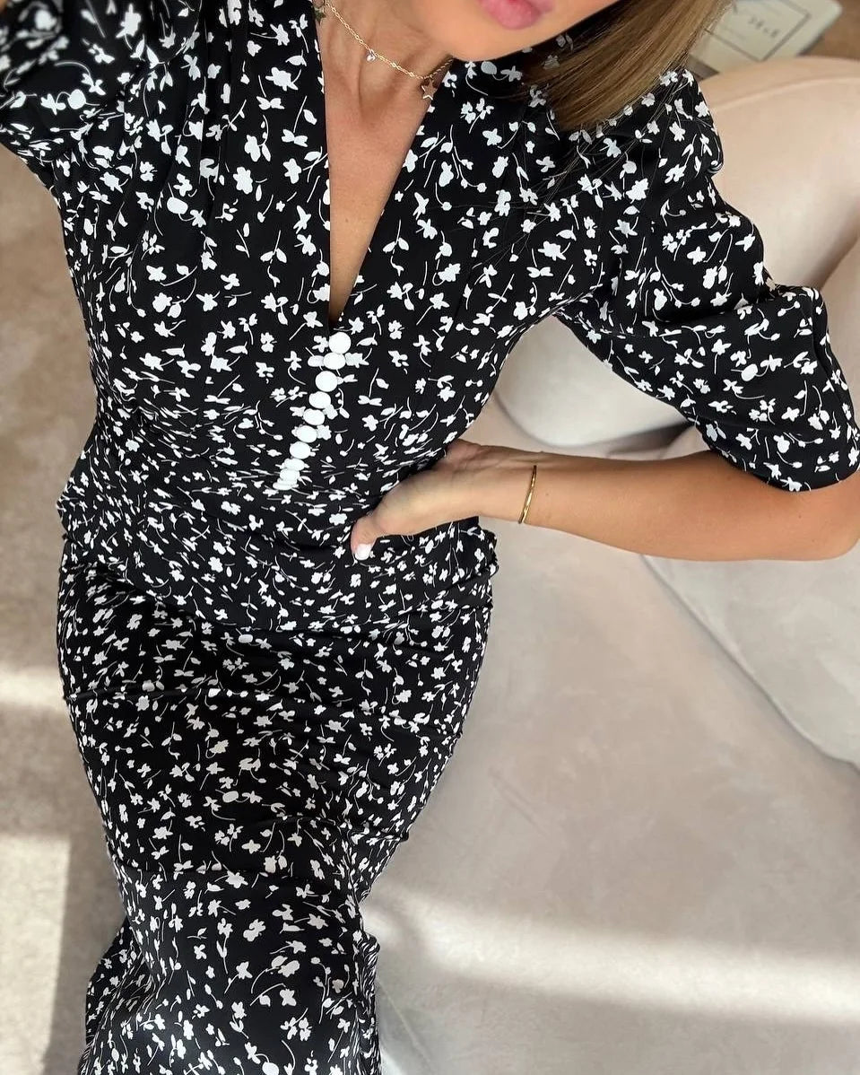 Half-Sleeve Polka Dot Midi Dress