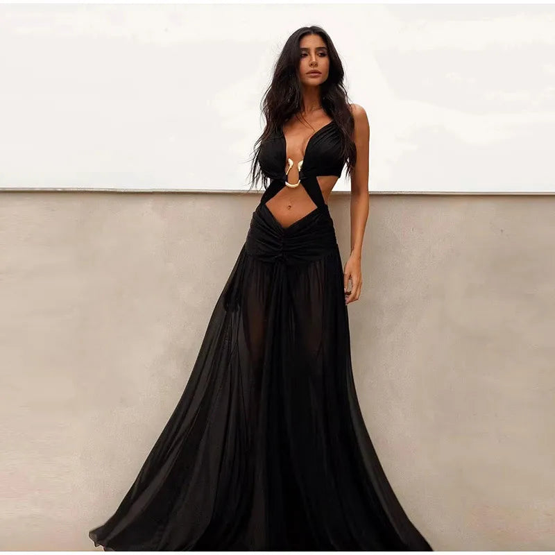 Hollow Out Pleated Maxi Dress - Halter Backless A-Line Robe