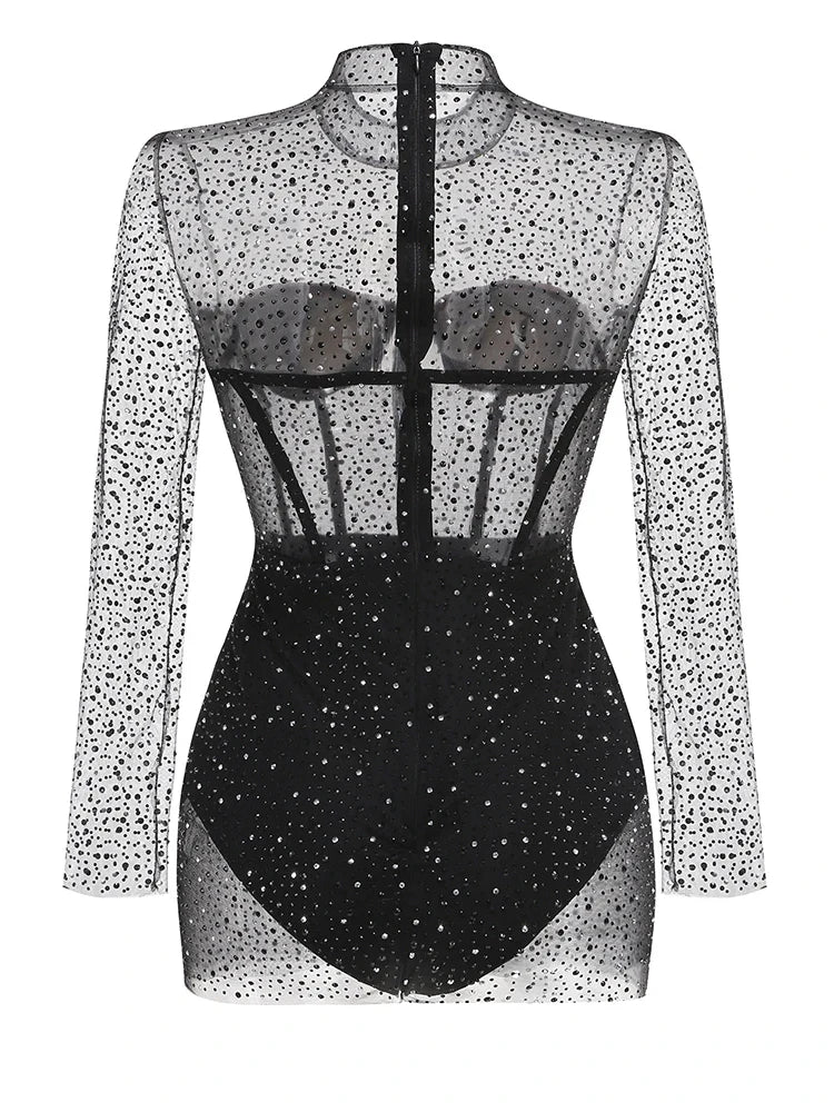Black Mesh Diamond Mini Dress | See-Through Long Sleeve Gown