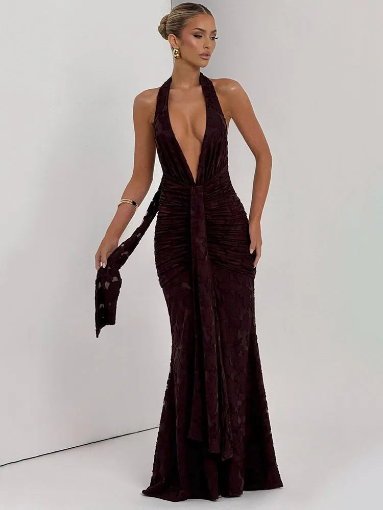 Red Plunge Halter Evening Gown, Draped Maxi