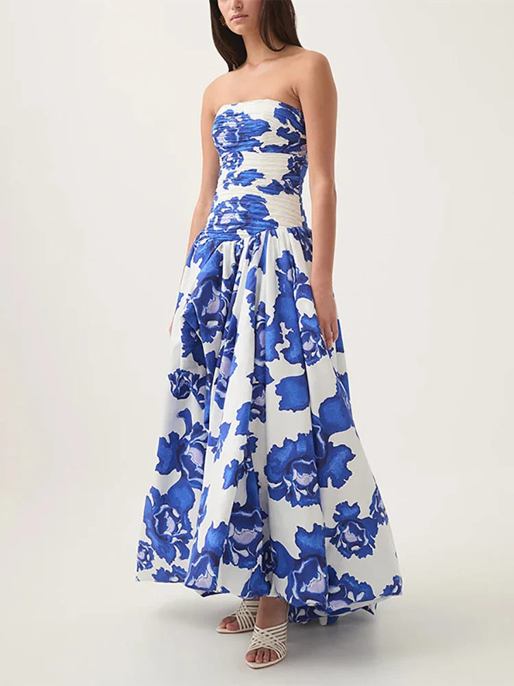 Printed Strapless Bubble Maxi Dress