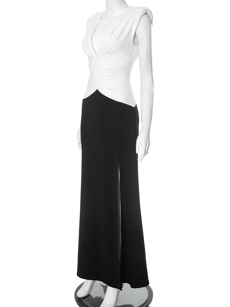 Two Tone V-Neck Maxi Dress | Sculpted Folded Evening Gown