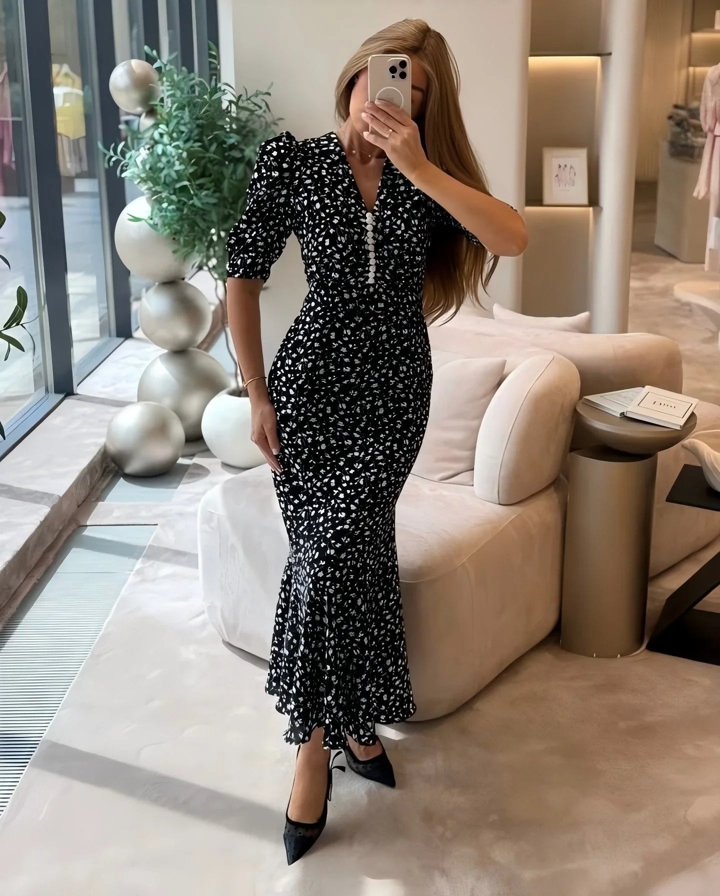 Half-Sleeve Polka Dot Midi Dress