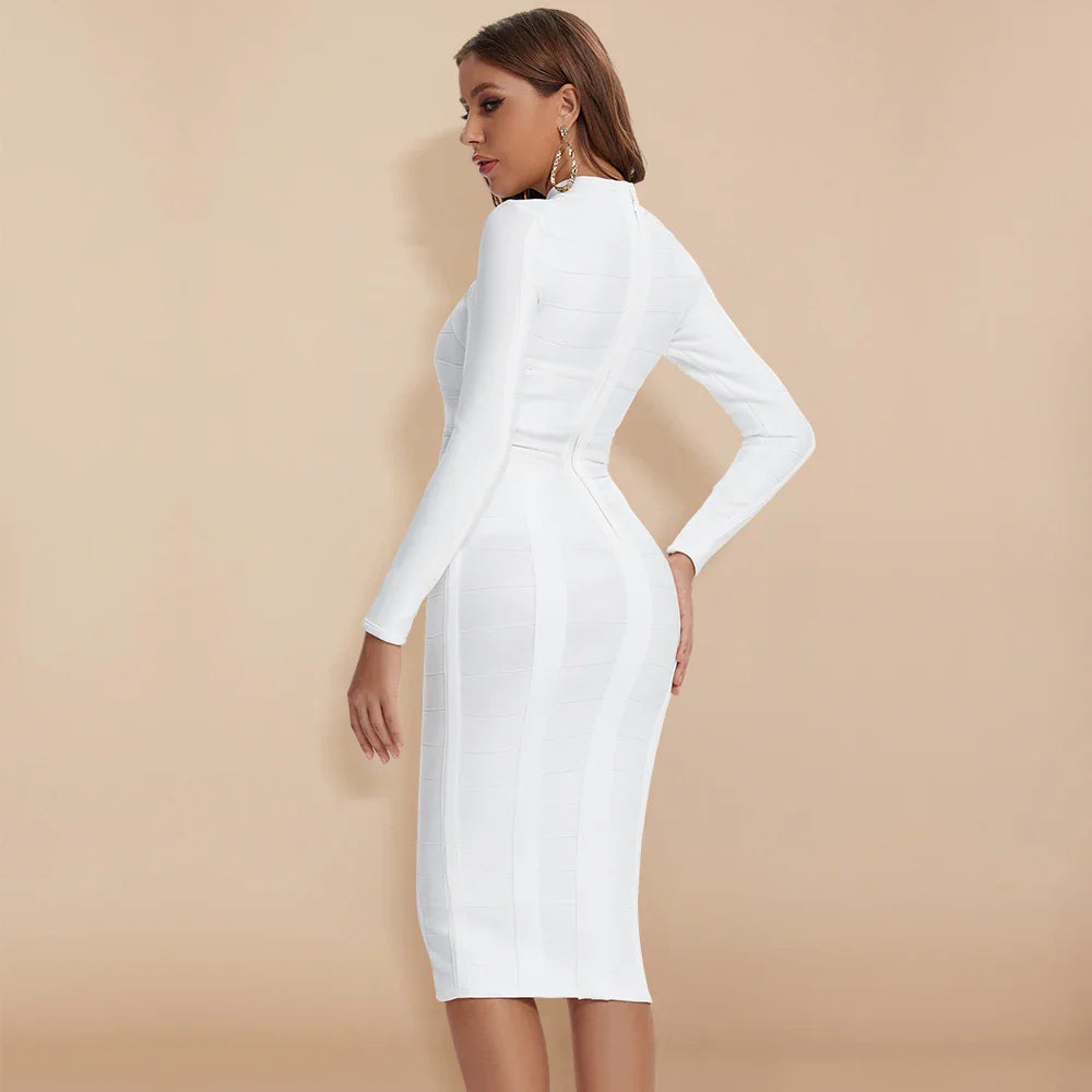 White High Neck Cut Out Midi Dress | Sleek Long Sleeve Bodycon