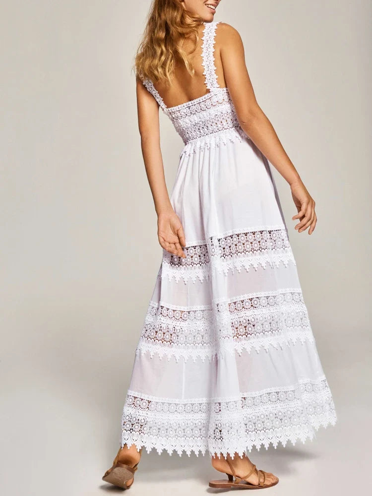 Black White Lace Patchwork Dress | V Neck Sling A-Line Gown