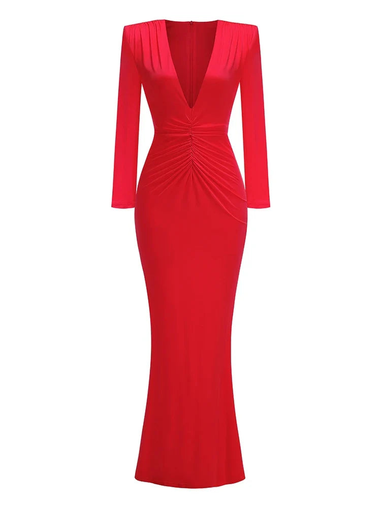 Red evening gown with long sleeves on a white background