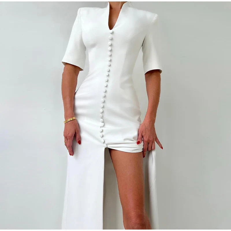 Chic  V-Neck Fishtail Dress – Shoulder Pad Slit Evening Gown