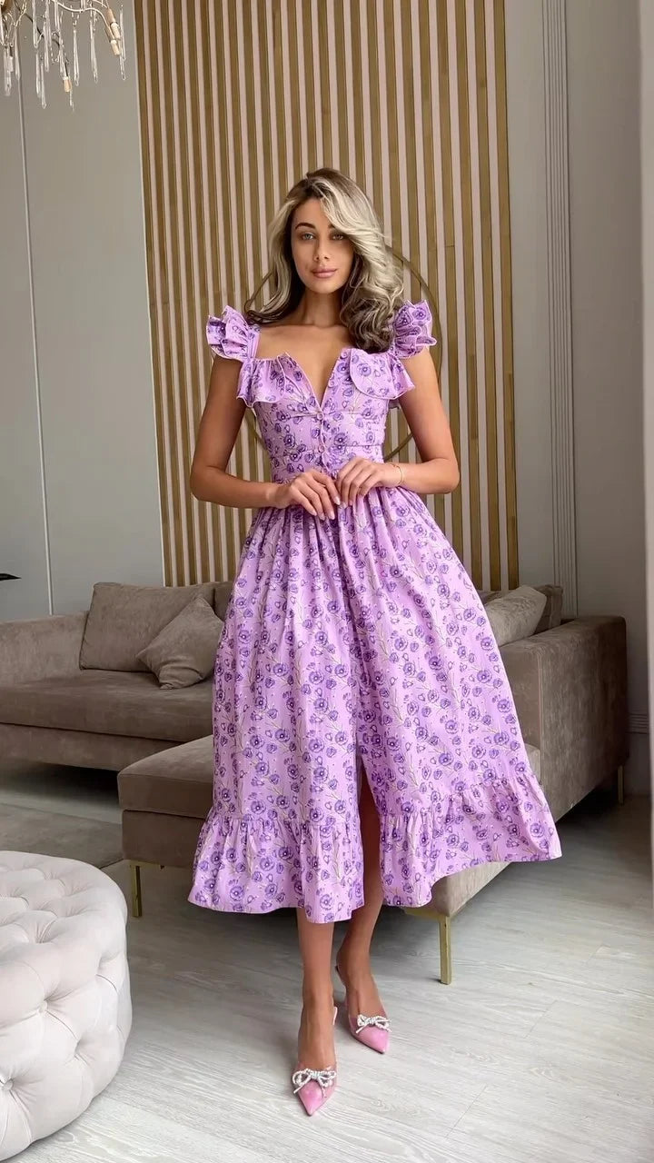 Elegant Ruffled Paisley Maxi Dress for Summer Soirees