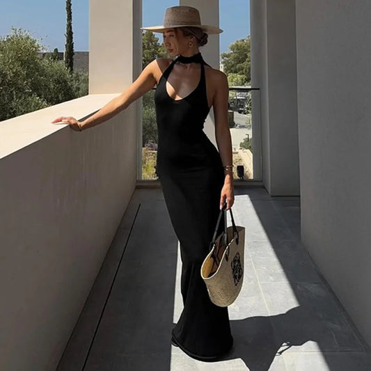 Black Halter Maxi Dress | Elegant Backless Evening Silhouette