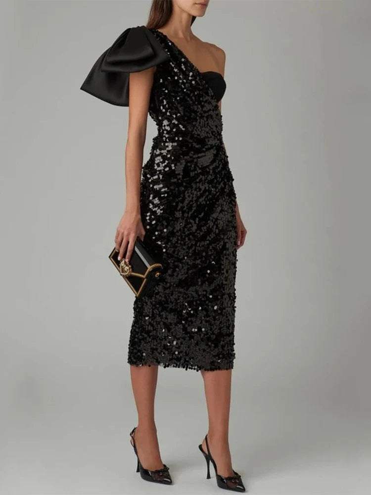 Black One-Shoulder Sequin Midi Dress with Bow Detail