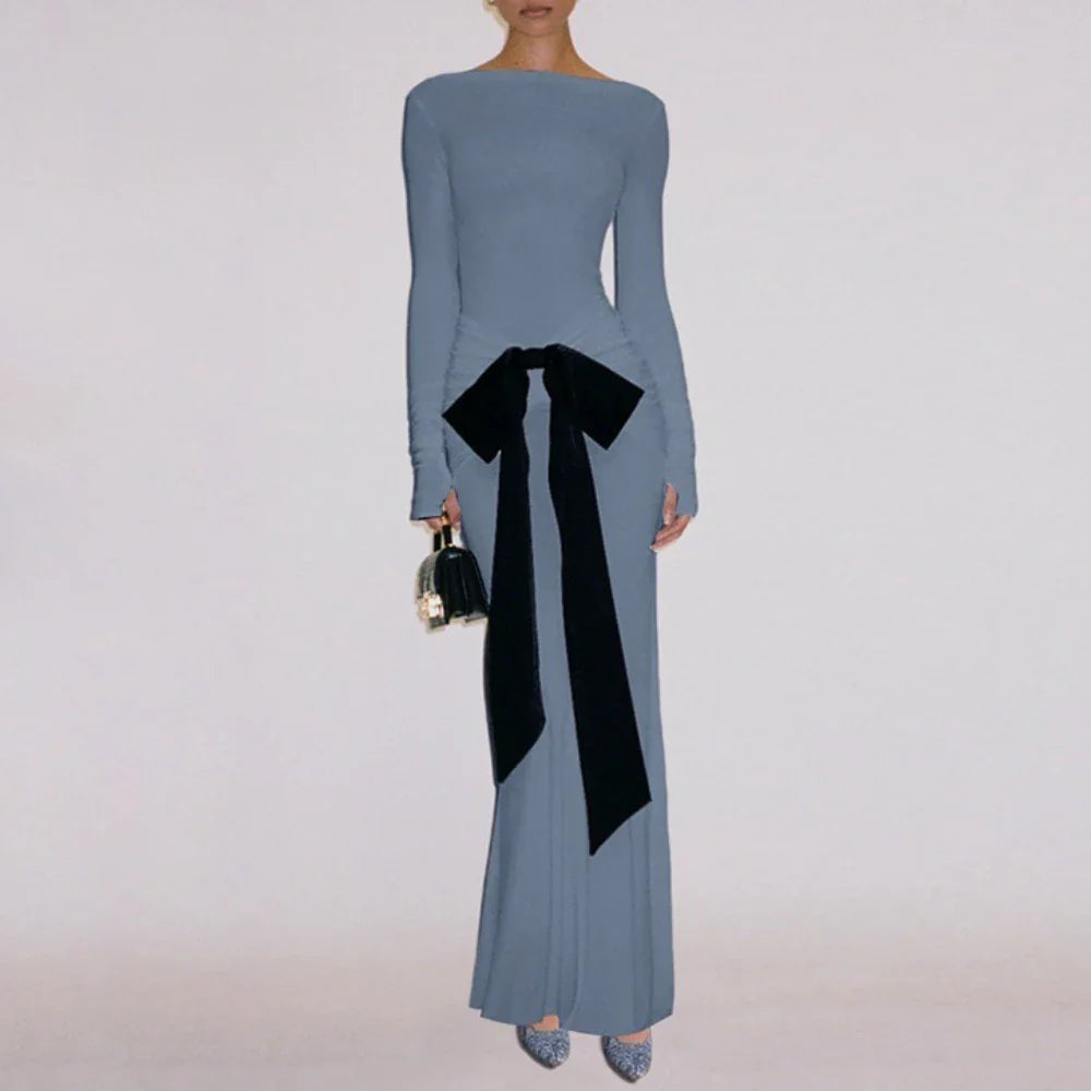 Grey Full Sleeve Bandage Gown | Elegant Slim Fit Autumn Edit