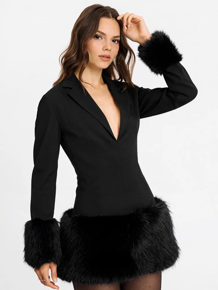 Black Fur-Trim Mini Blazer Dress with Deep V Neck