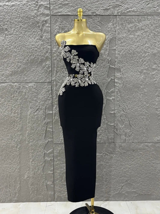 Black diamond flower two-piece bodycon long dress.  